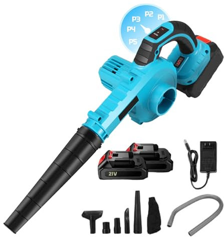 Laubbläser, 21 V, kabellos, mit Akku und Ladegerät, Laubbläser 2-in-1, 5 m³/min, Geschwindigkeit 20.000 U/min, für Gartenblätter (2 x Akku)