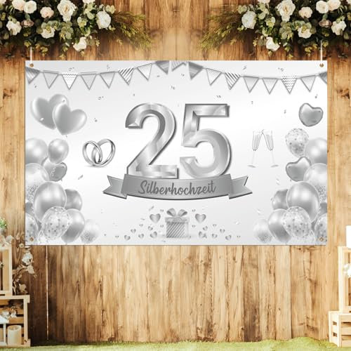 LOHAME Silberhochzeit Banner 170x120cm 25. Hochzeitstag Hintergrund Deko 25. Jahrestag Hochzeitsdeko Silber Hochzeitsbanner 25 Jubiläum Partysbanner Silberne Hochzeit Dekoration für Garten Innen Außen