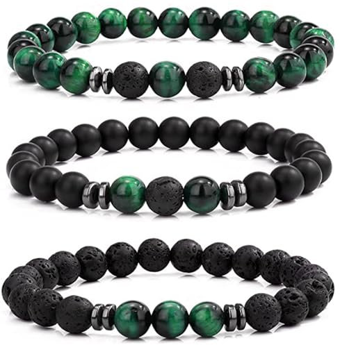 LOCCY Perlenarmband Herren, 3 Stück 8mm Perlenarmbänder Set Stretch Tigerauge Armband Lavastein Perlen Armband für Männer Fraun für Geburtstag Vatertag Weihnachten Geschenke (Grün Tigerauge+Lavastein)
