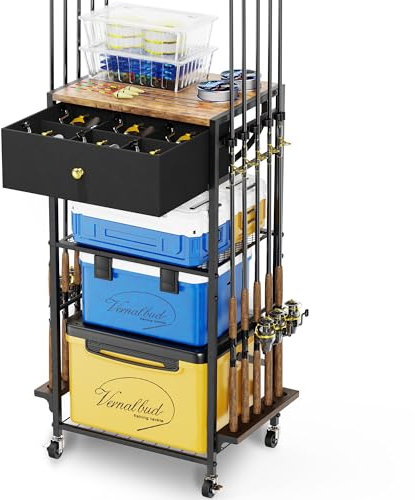 Supporti per canna da pesca per garage, può contenere fino a 10 canne, supporto girevole a 360 gradi, carrello portaoggetti per attrezzatura da pesca e attrezzature, regali da pesca per uomini e donne