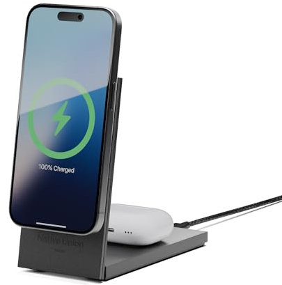Native Union Rise 2-in-1 Caricatore wireless magnetico - Certificato Qi2 e compatibile con MagSafe - Stand di ricarica pieghevole 15W per iPhone 16/15/14/13 con pad per AirPods Pro(Nero)