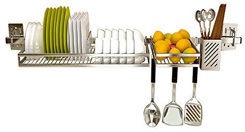 Escurridor de platos para fregadero, escurridor de platos colgante de acero inoxidable con ganchos para utensilios, ahorrador de espacio para suministros de cocina, organizador de almacenamiento, est