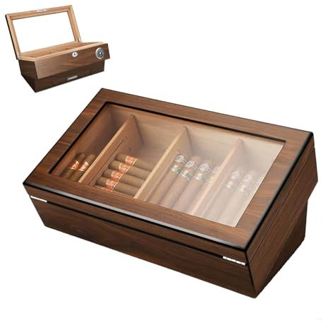 HGTRH Cigar Humidors for 50 Cigars, Spanish Cedar Wood Cigar Box with Divider Humidifier and Hygrometer Perspective Window Design