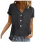 Camiseta para mujer, cuello de pico, jersey de verano, elegante, blusa ligera, básica, para la playa, suelta, elástica, informal, Negro , M