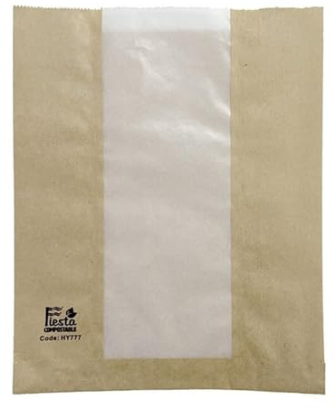 Fiesta Compostable Bread Bag with Glassine Window, 266x215x88 mm, Pack 1000 | Provides an 88mm gusset depth to accommodate thick artisan bakes, ensuring efficient commercial catering food storage.