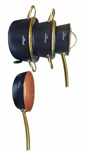 Batterie de Cuisine 7 Pièces, Revêtement Pierre Intérieur couleur Bronze, Compatible Induction, Anti-adhésif Sans PFOA, 2 Marmites, 1 Casserole, 1 Poêle Sauteuse, Noir et Or