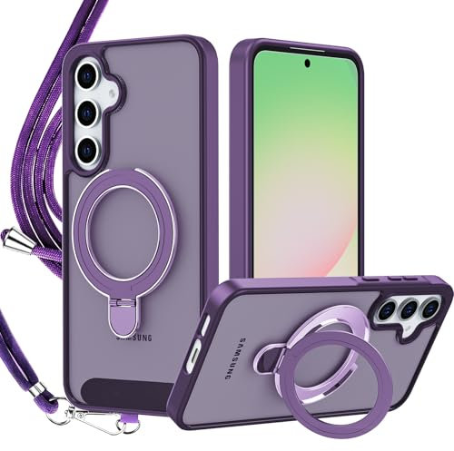 Cover per Samsung Galaxy A55, Custodia Cavalletto Antiurto Sottile Traslucida Opaca Posteriore PC+TPU Bordo Case con Invisibile Magnetica Girevole Anello Supporto, viola