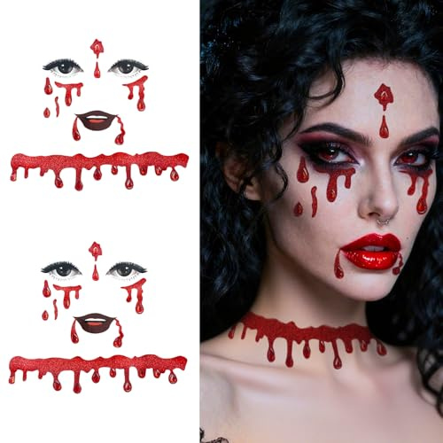 2 Stück Vampir Halloween Aufkleber Gesicht, Gesichtsschmuck sticker Vampir Accessoires, Selbstklebende Teufels Accessoires Halloween Kostüm Schmuck für Karneval Fasching Festival
