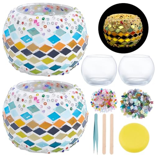 WEBEEDY 2 Set Mosaik Glas Kerzenhalter Kit Handgefertigte Mosaik Teelichthalter Bunte Runde Mosaik Kerzenhalter Kits Mit Anleitung Für Anfänger Erwachsene Wohnkultur