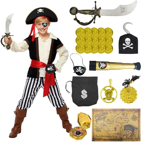 Xerteam 5-Tellges Set Piratenkostum Kinder, 22pcs Piraten-Zubehor, Pirate Deko Kindergeburtstag, Rollenspielkostume fur Kinder, Halloween Kostom fur Kinder3-6