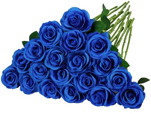 BlueCloudy 16 Stück Rosen Künstliche Rosenstrauß Fake Kunstrosen | mit Kunststoff Langer Stängel Flanell Kunstblumen für Hochzeit Tischdekoration Valentinstag Homeparty Brautstrauß, Blau