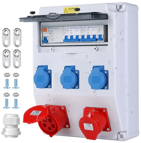 VAYALT Wandverteiler Vorverkabelt Stromverteiler, IP67 Wasserdicht Baustromverteiler 32A mit FI-Schalter und LS Schalter, 3x 230V Schuko Steckdosen + 1x CEE 16A /32A 5-polig, Starkstrom Verteiler