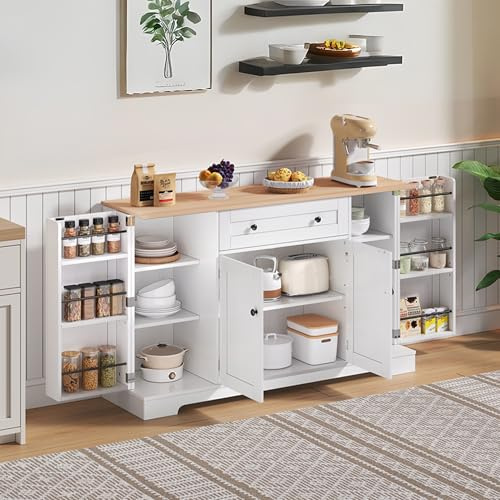 Oslghy Küchenbuffet, Sideboard mit Verstellbaren Einlegeböden, Küchenschrank mit Schublade & Regaltüren, Modern Kücheninsel Buffetschrank mit Kippschutz & Gewürzregal für Küche,138x40xx85cm (Natural)
