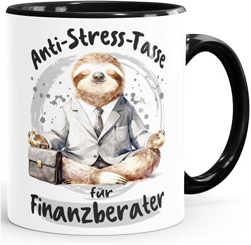 MoonWorks® Kaffee-Tasse Geschenk Finanzberater Anti Stress Bürotasse Faultier Lustig Arbeit Job Keramikbecher Weiss-innen-schwarz standard