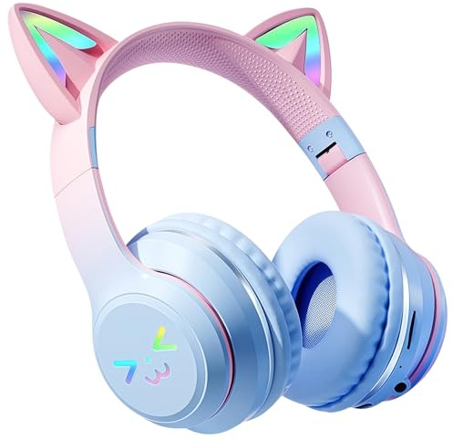 Bluetooth Kids Headphones Colorful LED Lights Kids Wireless Cat Ear Headphones Over Ear Built-in Mic Hi-Fi Stereo Sound Foldable Bluetooth Headphone for Child for Tablet/Phone/PC, School/Travel