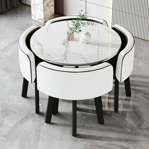 Essgruppe Set Esstisch und 4 Esszimmerstühle, Runder 90cm Essgruppe 5-Teilig aus Tischplatte in Marmoroptik und 4 PU-Leder Küche Stuhl für Küche Wohnzimmer Balkon Büro, Marmorimitat + weiß