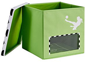 Love IT Store IT Fußball Aufbewahrungsbox mit Deckel - Spielzeugkiste für Kallax Regal aus Stoff - Verstärkte mit Holz - Grün mit Tornetz - 33x33x33 cm