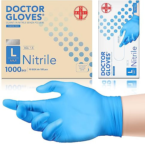 AIESI® Gants jetables en Nitrile bleu non poudrés usage professionnel DOCTOR GLOVES (Paquet de 1000 pièces) taille L