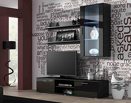 Furniture24 Wohnwand SOHO 5 mit Blauer LED Beleuchtung, Anbauwand, Wohnzimmerschrank, Schrankwand, Vitrine, Lowboard, Hängeregal (Schwarz/Schwarz Hochglanz)