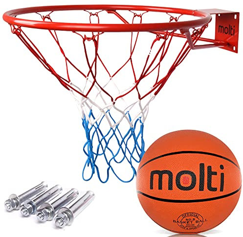 molti HangRing Ø45cm Ø37cm Basketballring Set mit Ball Basketballkorb BasketballNetz und Befestigungsschrauben Basketballspiel Teamsport Indoor & Outdoor (Rot, 45cm)