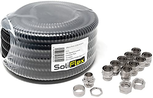 Outdoor Flexible Metal Cable Trunking | Galvanised PVC Coated Conduit Contractor Pack (IP54) 10M Coil - Underground Burial, Garden Ducting w/Fittings - 10 Glands and Locknuts