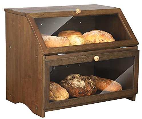 HOMEKOKO Double Layer Large Bread Box for Kitchen Counter, Wooden Large Capacity Bread Storage Bin (Brown)