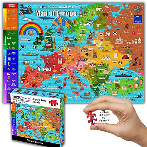 Think2Master Bunte Karte von Europa, Puzzle für Kinder ab 12 Jahren, Jugendliche, Erwachsene und Familien, 1000 Teile Tolles Geschenk, um das Interesse an der europäischen Karte zu wecken. Größe: 68 x