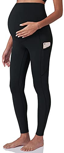 POSHDIVAH Damen-Schwangerschafts-Workout-Leggings über dem Bauch, Schwangerschafts-Yogahose mit Taschen, weiche Activewear-Arbeitshose, Schwarz, L