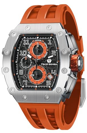 TSAR BOMBA Herren Uhr Tonneau Uhren Herren Chronograph Herren Tonneau Luxus Armbanduhr Herren Cool Sport Männer Uhren Japanisches Quarzwerk 50m Wasserdichter Daydate Saphirglas Geschenk für Männer
