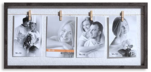 VictoR Bilderrahmen Collage Clip Rahmen in braun für 4 Bilder in 10x15 cm - Rahmen aus Holz mit extra Klammern zum anheften von Fotos