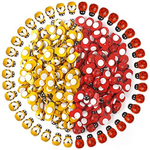 Nv Wang Holz Marienkäfer, Mini Selbstklebender 100 Pack Kleine Käfer Sponge Aufkleber 8 * 11mm und Hölzerner Bienen 9 13mm für DIY Handwerk Scrapbooking Bastelarbeiten, Gelb Rot
