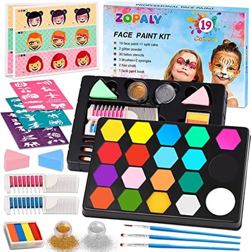 ZOPALY 19 Colores Pinturas Cara para Niños, Set de Pintura Cara Infantil, Mayor Capacidad Blanco y Negro, Pintura Facial con 30 Plantillas, 1 Folleto Tutorial Pintado, para Halloween/Carnaval/Fiestas