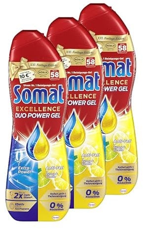 Somat Excellence Duo Power Gel, 174 (3 x 58) Spülgänge Spülmittel für den Geschirrreiniger mit Duo-Formel für bis zu 2x mehr Glanz & sofortige Tiefenreinigung, Zitrone & Limette