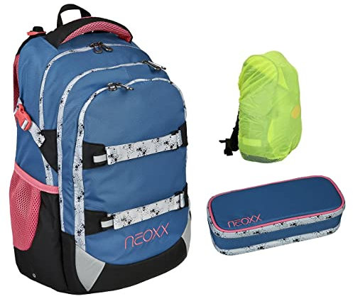 Familando Neoxx Active Schulrucksack 3tlg. Set · Rucksack für die Schule 5. bis 12. Klasse · ergonomischer Schulranzen für Jungen und Mädchen (Splash/Hellblau Rosa)
