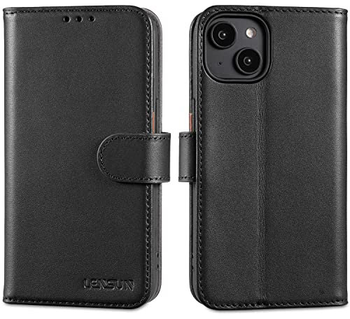 LENSUN Echtleder Hülle für iPhone 14, Handyhülle [Echtes Leder][Magnetverschluss][RFID Schutz] Handytasche Lederhülle Kompatibel mit iPhone 14 5G(6,1) - Schwarz