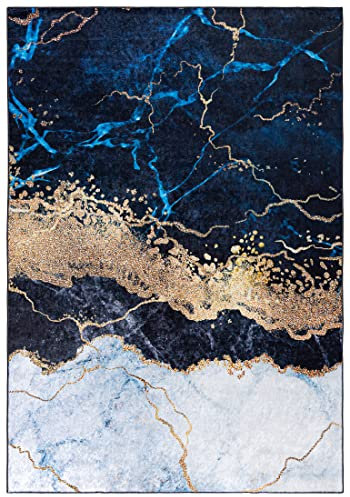 Mazovia Modern Teppich - Kurzflor Waschbar - Weich Teppich für Wohnzimmer, Schlafzimmer, Esszimmer – Teppiche Marmor Abstrakt Muster - Blau Grau Gold 140 x 200 cm