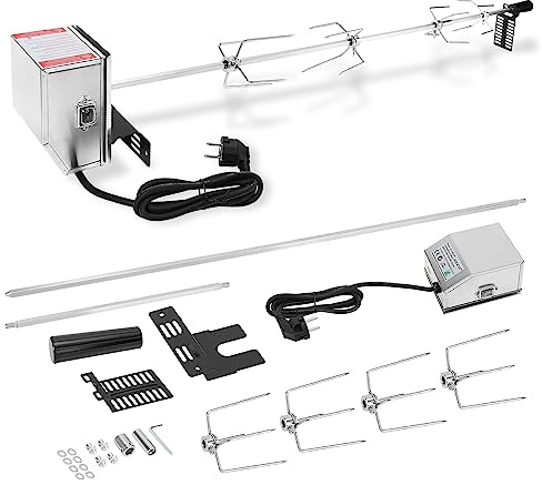 Ansobea Grillspieß Elektrischer, 107cm universal Edelstahl Drehspieß mit 4X Fleischnadeln, Motor, Grillspieß für BBQ Grill Gasgrill, Rotisserie Set, Traglast 10KG, 220-240V, Silber