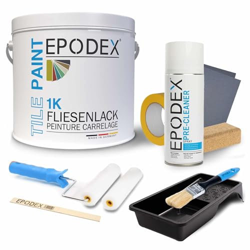 EPODEX® 1K TILE PAINT | Fliesenlack | Fliesenfarbe Wand und Decke | + Zubehörset | 1kg (7m²)| Geruchsneutral Lösemittelfrei Abriebfest
