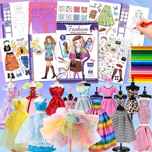 vamei Fashion Designer Studio Modedesign Mädchen Geschenk 7 8 9 10 11 12 Jahre, Nähset Bastelset Mädchen mit Stickerbücher, Stoff, 3 Schaufensterpuppen & Bleistifte, kreativ Set Geschenke für Mädchen