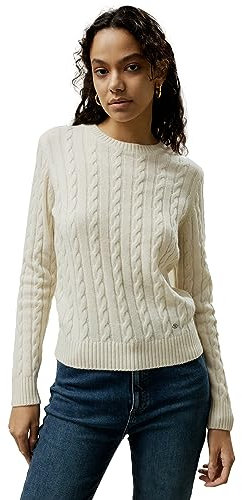 LilySilk Wool Cashmere Sweater for Women Basic Classic Ladies' Pullover Preppy Style Ribbed Cable Knit Fall Winter Top(White,M)