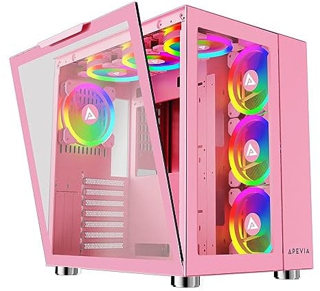 Apevia Prism-Elite-PK Prism Elite Mid Tower ATX Gaming PC Cube Case w/ 7X 120mm PWM ARGB Fans, 366 RGB Modes, Dual Tempered Glass Panels, 360mm Radiator Support, 2X USB3.0, 2X USB 2.0, Pink