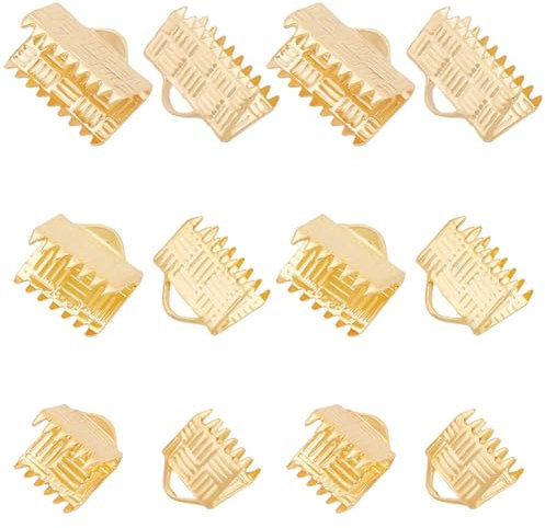 Beebeecraft 1 Box 60Pcs 3 Size Pinch Crimp Ends 18K Gold Plated Rectangle Ribbon Clamp Ends Connectors Bookmark Fastener Clasps for Jewelry Making Bracelets Necklaces