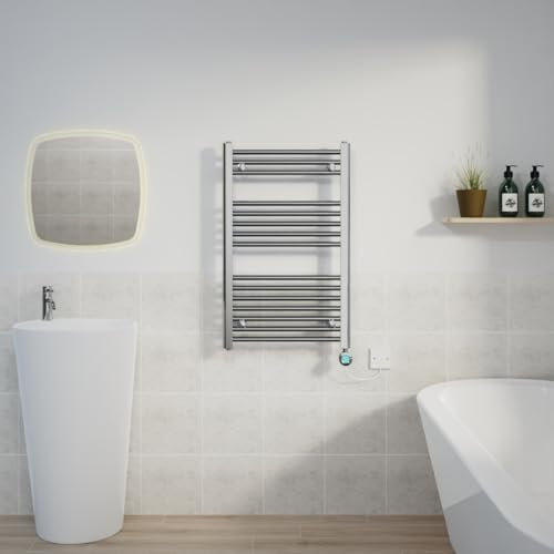 WarmeHaus Prefilled Electric Thermostatic Heated Towel Rail Bathroom Ladder Radiator Straight with 400W LCD Display Timer Electric Heating Element Chrome 800x500mm
