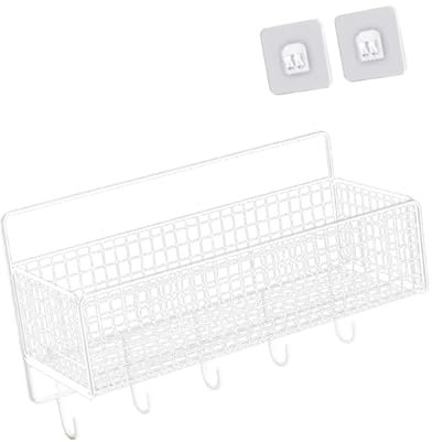 JISADER Hängender Wandkorb zur Aufbewahrung, Stabiler Stahldrahtkorb, Draht-Hängekorb, Wandregale für Badezimmer, Weißes L mit Haken