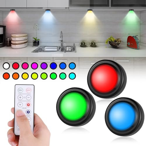 JIZZU Cabinet Lights Round, Wireless Under Cabinet Lights with Remote, 16 LED Colour Changing Under Cabinet Touch Control Kitchen Lights for Wardrobe Kitchen Hallway 3Pack