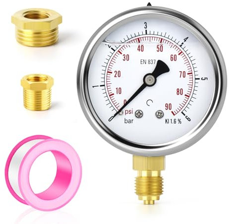 TAILONZ PNEUMATIC 0-6 bar acier inoxydable 1/4 BSP 2.5 inch FACE DIAL Manomètre à liquide WOG Water Oil Gas support inférieur