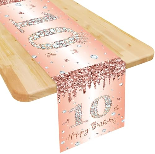 Chemin de table pour 10e anniversaire fille or rose Happy 10th Birthday - Chemin de table pour 10e anniversaire - Décoration de table en lin - 180 x 35 cm