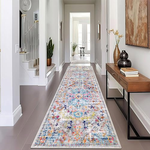 SHACOS Langer Teppich Läufer rutschfest 66x213 cm Flurläufer Lang Küchenteppich Waschbar Boho Kurzflor Korridor Teppich Läufer für Flur, Küche, Wohnzimmer, Schlafzimmer, Bunt