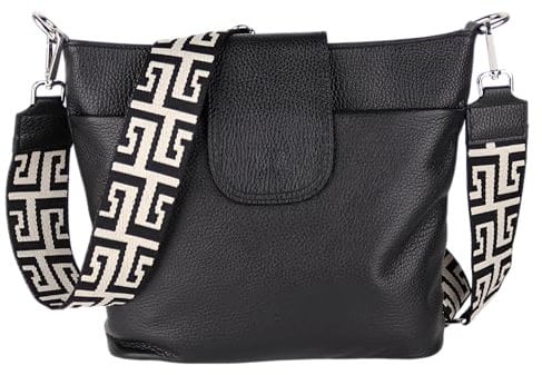 MIRROSI® Umhängetasche Damen, Echtleder, Made in Italy, BOHO Style30x24,50x9cm (BXHXT) viel Stauraum, Handtasche, Brusttasche, Crossbody Bag (1 Tasche & 2 Gurte) (Schwarz (NN))