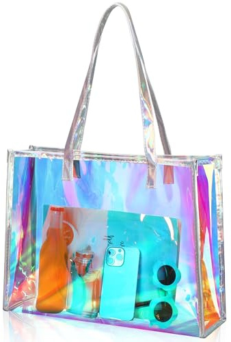 Aliceset Holografische transparente Tragetasche mit Ledergriff, schillernd, für Junggesellinnenabschiede, Strandtasche für Arbeit, Stadion, Reisen